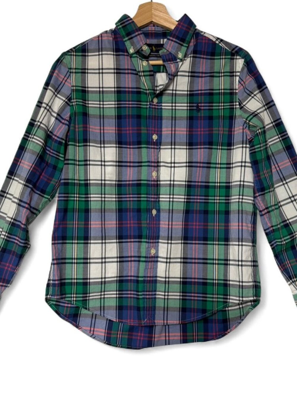 Ralph Lauren Boys Plaid Button Up Shirt Size L 14-16 Natural Stretch Collared